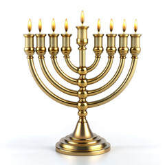 A golden Hanukkah menorah with all nine candles lit.