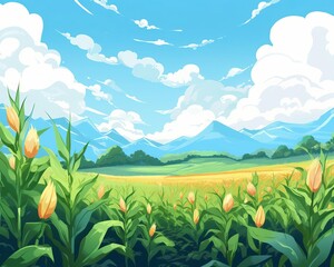 Fototapeta premium Sweet corn field flat design front view Farm theme water color vivid