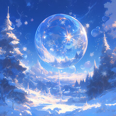 An ethereal snowy forest scene with a magical orb at its heart. Amidst the serene landscape, a sparkling village and majestic evergreens set the stage for enchantment under a star-filled sky. Perfect