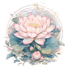 Beautiful Pink Lotus Flower Centerpiece with Artistic Watercolor and Greenery