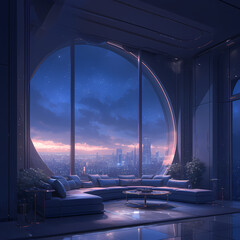 Experience the Ultimate in High-Tech Comfort: A Futuristic Lounge Overlooking a City Skyline