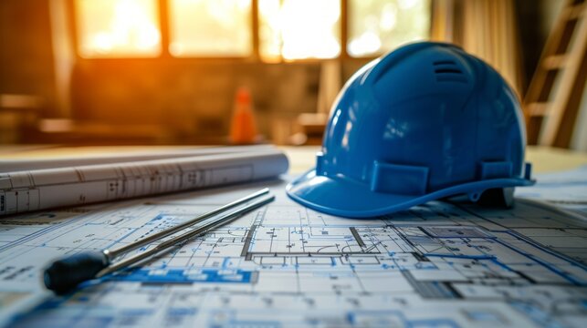 Detailed blueprints of architectural plans take center stage with helmet and necessary engineer tools on the table.