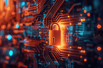 Padlock on a detailed circuit board highlights cyber security