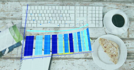 Image of graphs, overhead view of keyboard, coffee, food, morning and good text on notes