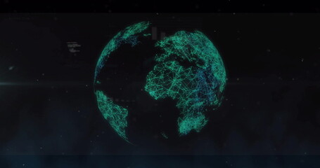 Obraz premium Glowing green lines forming continents on dark globe