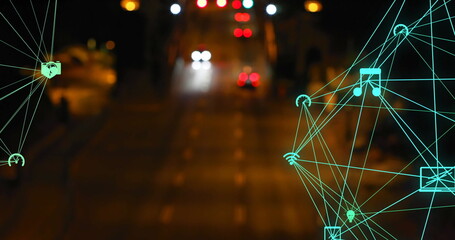 Fototapeta premium Digital interfaces overlaying blurry city street at night, showing connectivity