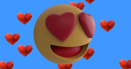 Image of smiling emoji icon with red hearts with red heart icons on blue background