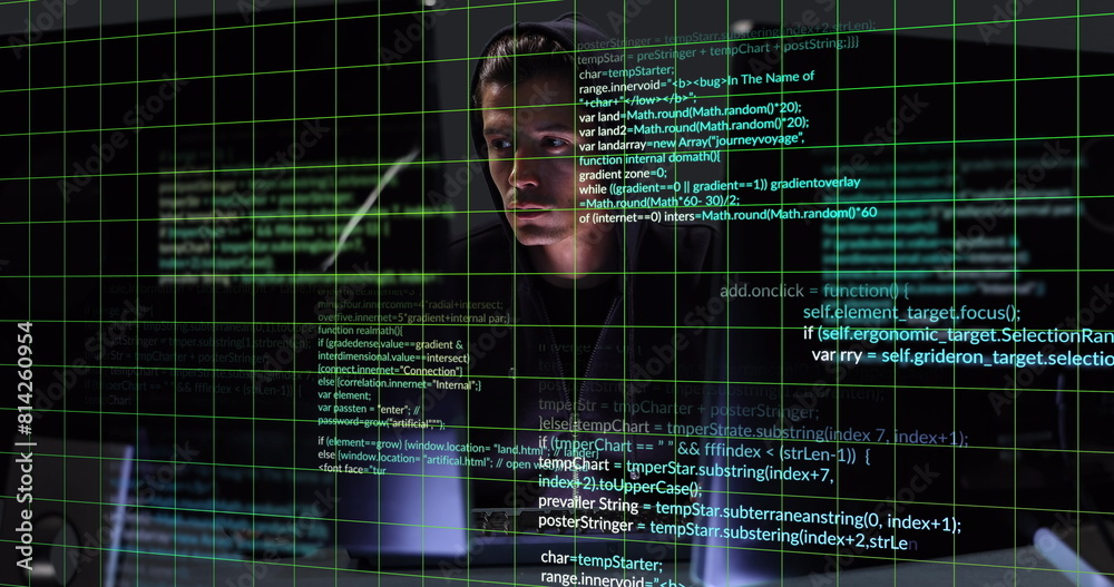 Wall mural image of data processing over caucasian male hacker