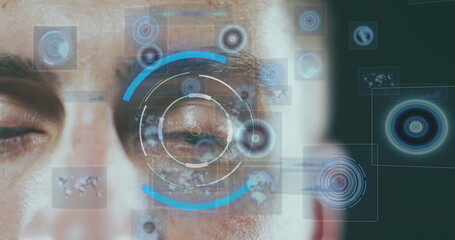 Image of digital icons and scope scanning over caucasian man