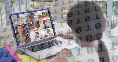 Image of binary coding over schoolgirl having school image call with schoolchildren
