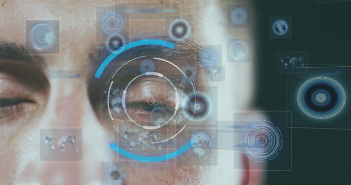 Image of digital icons and scope scanning over caucasian man