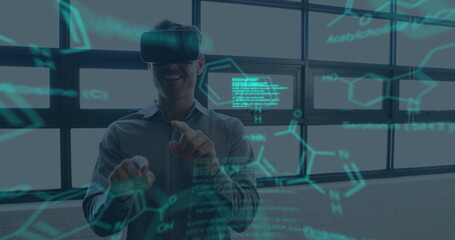 Image of data processing over caucasian man using vr headset