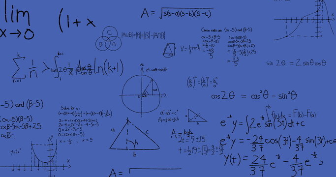 Image of mathematical equations on blue background - Powered by Adobe