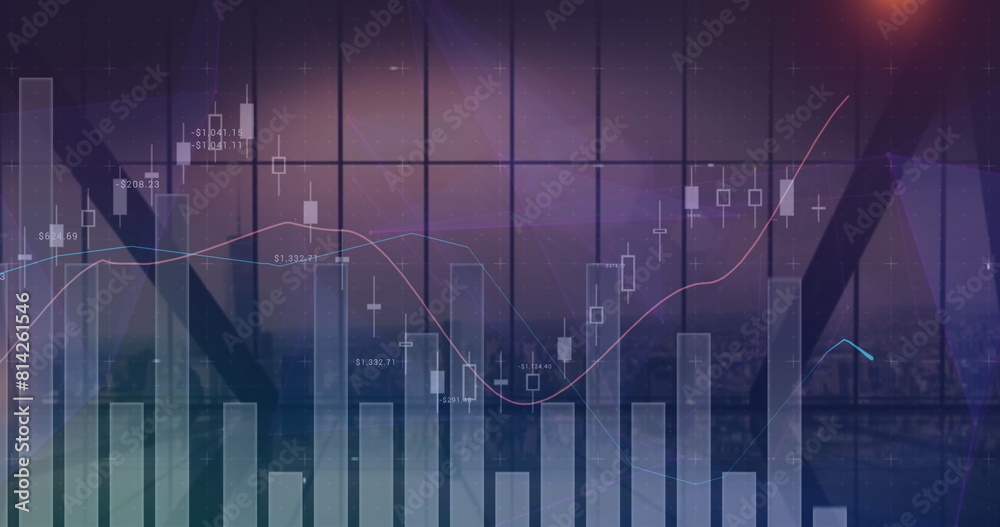 Poster statistical data processing against view of cityscape from office window