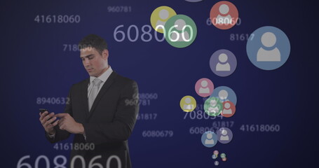 Image of multiple profile icons and changing numbers over caucasian businessman using smartphone