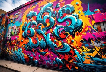 Fototapeta premium illustration, vibrant street art murals graffiti, colors, urban, colorful, city, contemporary, spray, paint, tags, culture, public, cans, artistic