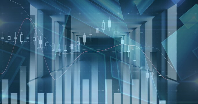 Composite image of statistical data processing against empty office in background