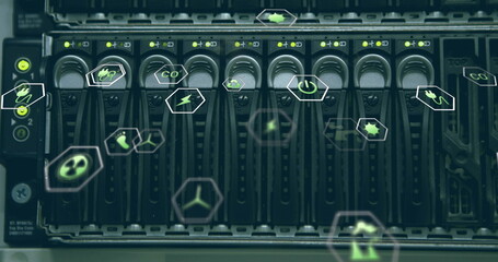 Image of falling icons over server room