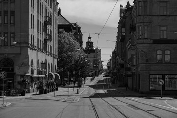 View of a city street in black and white