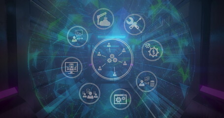 Image of network of connections with icons over globe