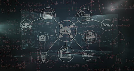 Image of network of connections with icons over mathematical equations on black background