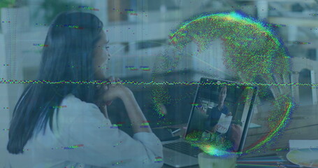 Image of data processing and globe over biracial woman using laptop