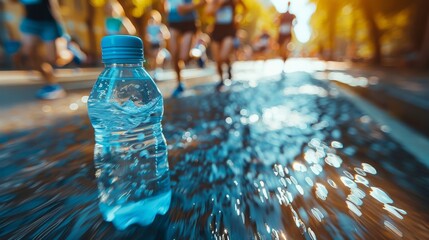 A water bottle in the foreground, with active people in the background.  - Powered by Adobe
