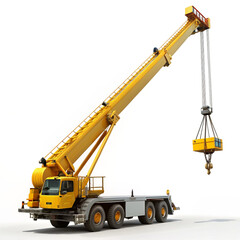 A yellow truck crane is lifting a yellow box. The crane has a long arm and is on a truck with 8 wheels. The background is white.