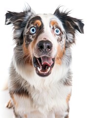 Australian Shepherd An intelligent and exuberant Australian Shepherd, showing off its striking blue eyes and active demeanor, isolated on white background.