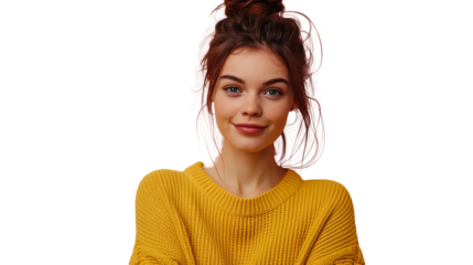 A funny young brunette woman in a yellow sweater looking up with a smile on her face with PNG Transparent Background