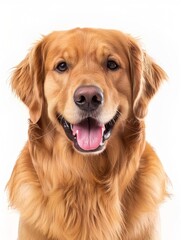 Golden Retriever A Golden Retriever with a warm, welcoming expression, demonstrating its friendly and tolerant demeanor, isolated on white background.