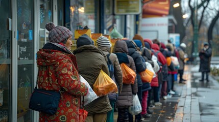 Obraz premium Elderly woman and diverse group of people waiting in line for food aid on a chilly, overcast day, depicting the urgency of community support and the face of urban poverty.