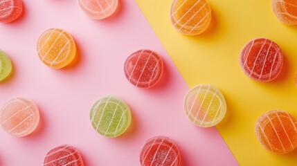 Obraz premium Colorful assortment of hard candies on a dual-tone pink and yellow background.