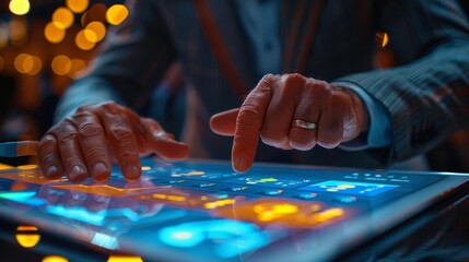 A business strategist at a seminar, using a tablet to control an interactive presentation on competitive strategy