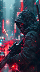 Obraz premium Soldier Battles for Survival in Neon-Lit Urban Warfare Amidst