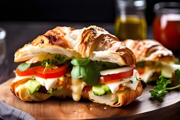 Delicious croissant sandwiches with cheese and vegetables on a wooden board