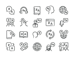 Translation hand drawn doodle sketch style line icons. Vector illustration.