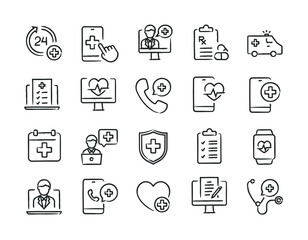Digital heatlhcare hand drawn doodle sketch style line icons. Vector illustration.