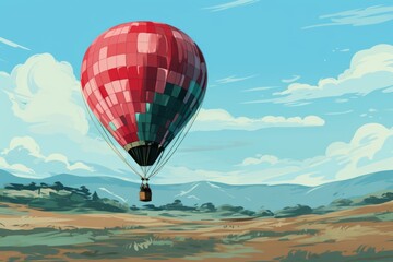 Fototapeta premium A vibrant hot air balloon drifts peacefully above the lush, rolling hills and distant mountains, creating a tranquil scene under the clear, blue sky for the passengers to enjoy.