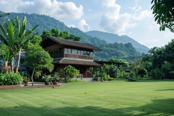 A scenic view of a large wooden house amidst lush green landscape with towering mountains and clear blue sky, showcasing peaceful rural living or holiday retreat
