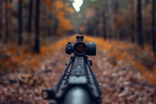 A close-up view of a rifle scope mounted on a firearm aimed along a leaf-strewn path in an autumn forest, capturing the essence of hunting or tactical training in a serene yet intense setting
