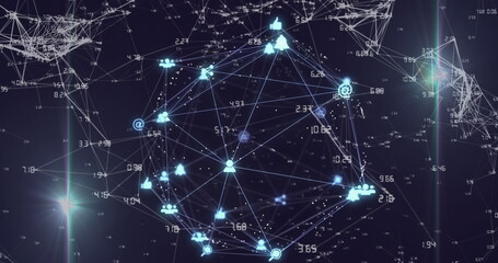 Image of digital computer icons and numbers interconnecting with lines forming globe