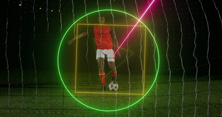 Image of neon geometrical shapes rotating over african american male soccer player