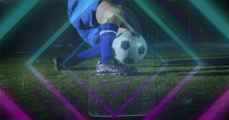 Image of neon shapes over caucasian male soccer player