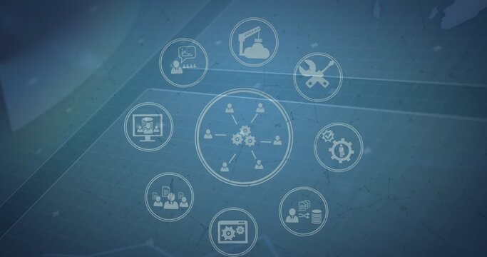 Image of digital computer icons in circles rotating over programming language - Powered by Adobe