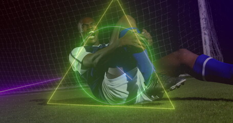 Image of neon shapes over african american male soccer player