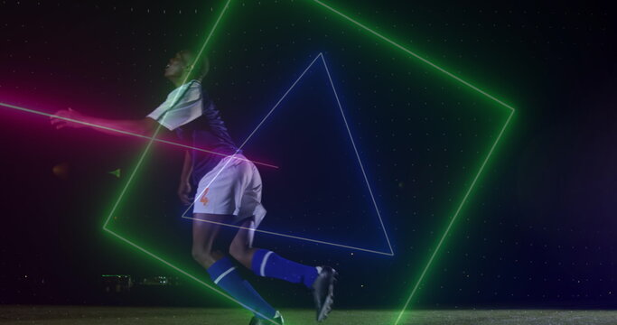 Image of statistics human body rugby player over scope scanning