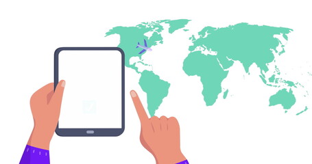 Image of world map over hands using tablet