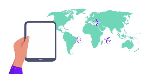 Image of world map over hands using tablet