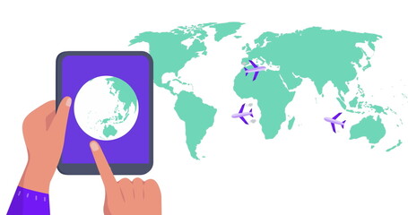 Image of world map over hands using tablet with globe